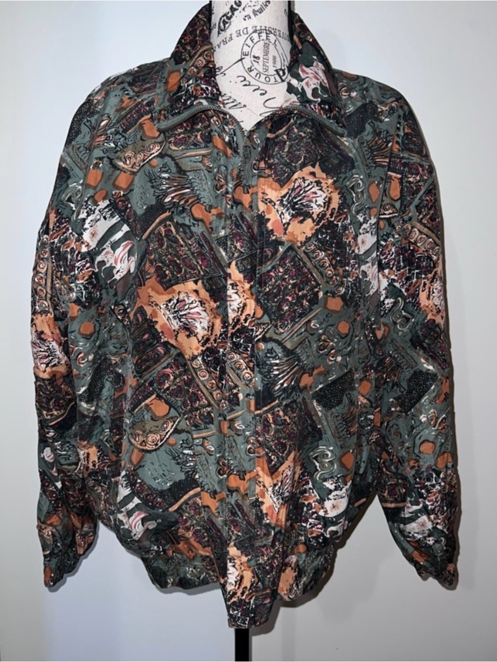 Vintage Carté 100% Silk Full Zip Bomber Jacket Large Abstract Graphic Print 90s